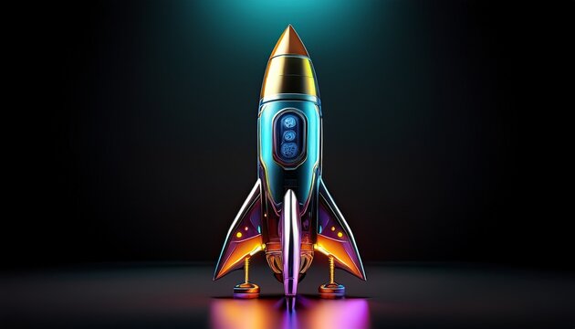colorful metallic rocket on black background for futuristic design - Powered by Adobe