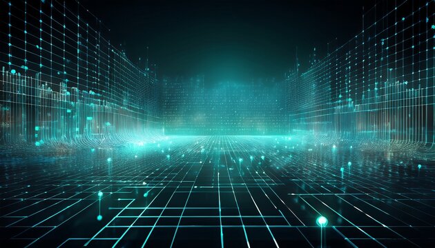 abstract digital grid with glowing dots in a teal and gray color scheme portraying futuristic dashboards interface mockups or secure data system visualizations
