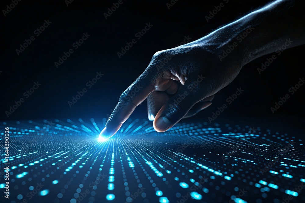 Poster human hand interacting with futuristic digital interface, exploring data and technology in a modern,