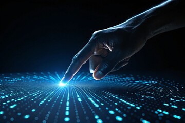 Human hand interacting with futuristic digital interface, exploring data and technology in a modern, dynamic concept