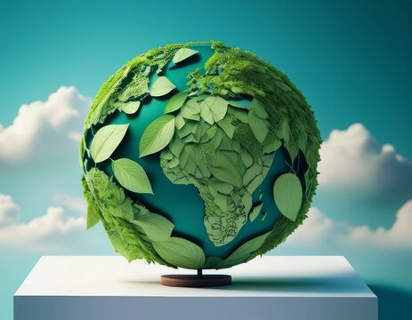 leaf made spinning globe on white platform eco world render with clean sky and blurred cloud background