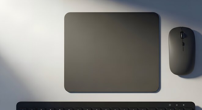 High-angle flat lay mockup of a black keyboard, mouse, and mousepad on a white desk, showcasing a minimalist workspace design