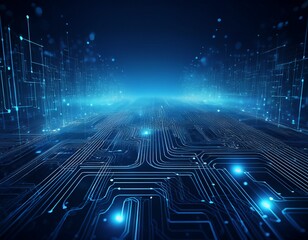 abstract dark blue background with circuit board pattern and glowing dots symbolizing digital communication layers within a connected tech network