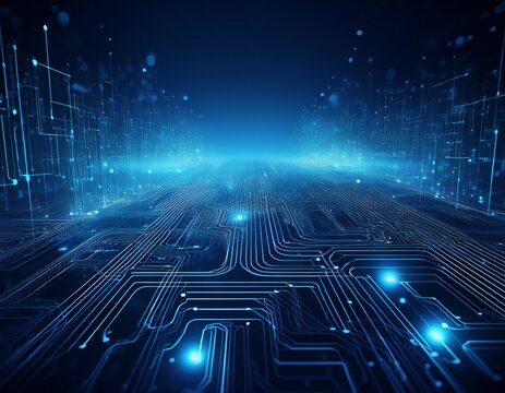 abstract dark blue background with circuit board pattern and glowing dots symbolizing digital communication layers within a connected tech network