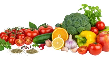 Fresh Vegetables and Herbs on a Transparent Backdrop A Vibrant Still Life Featuring Tomatoes, Broccoli, Garlic, and More for Healthy Eating and Food Photography
