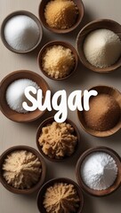 Assorted Sugar Types in Rustic Wooden Bowls with ‘Sugar’ Typography – Baking & Ingredient Concept