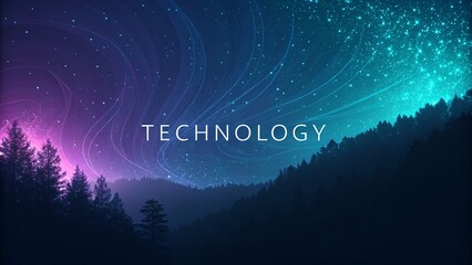Stunning cosmic night sky illustration with the word TECHNOLOGY in a breathtaking landscape for futuristic concepts