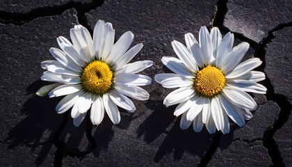 two white daisies with yellow centers bloom through cracks in dark asphalt symbolizing resilience and hope amidst a stark textured background