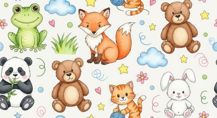Obraz premium Whimsical Watercolor Animal Friends: A Seamless Nursery Pattern with Cute Characters