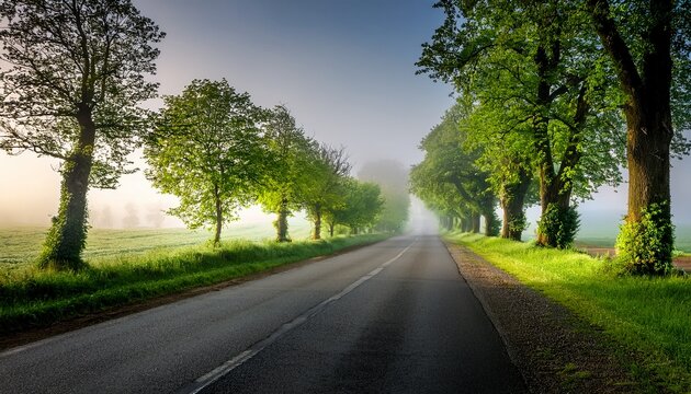 serene country road lined with lush green trees on a foggy morning