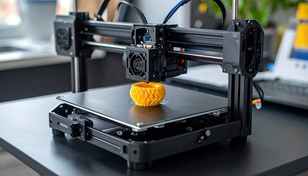 3D printer printing a yellow object - Powered by Adobe