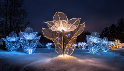 illuminated flower sculptures in a snowy garden at night