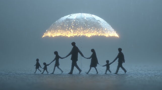 Family walking together under a glowing umbrella, symbolizing protection and unity during challenging times