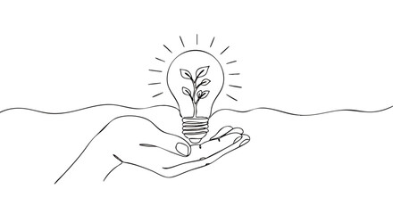 Continuous line art of a hand holding a lightbulb with a plant sprout inside, radiating light.