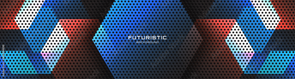 Poster blue orange abstract background overlap layer on dark space with glowing hexagons effect decoration.