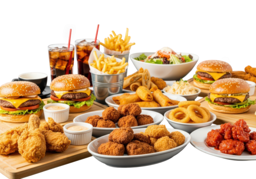 A Feast of Fast Food A Tempting Array of Burgers, Fries, and Fried Chicken A Culinary Indulgence for Casual Dining and Quick Bites A Variety of Comfort Foods