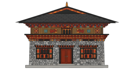 A Traditional Bhutanese Building with Stone Walls, Intricate Woodwork, and a Distinctive Roof Design, Showcasing Cultural Heritage on a Transparent Background for Design Projects