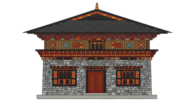 A Traditional Bhutanese Building with Stone Walls, Intricate Woodwork, and a Distinctive Roof Design, Showcasing Cultural Heritage on a Transparent Background for Design Projects