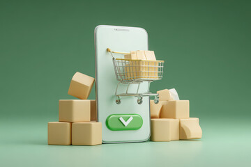 A phone with a shopping cart and boxes on a green background for online purchasing concept design
