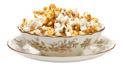 White ceramaric bowl with sweet popcorn on white background 