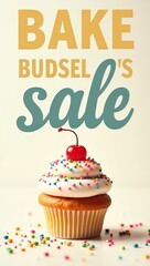 Community Bake Sale Vibes: A Colorful Cupcake with Playful 'Bake Sale' Sign on a Bright, Inviting Background