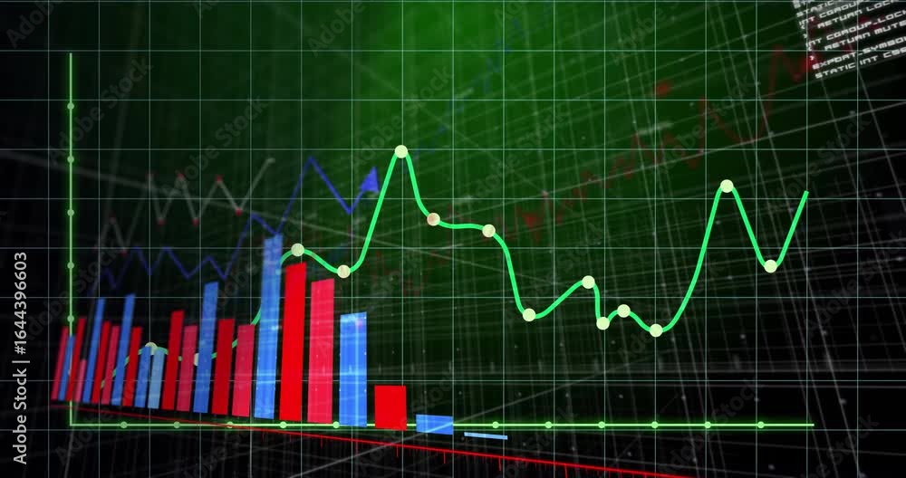 Poster emerging 3d chart frame starting axes forming bars plotting curve animating arrow showing trends