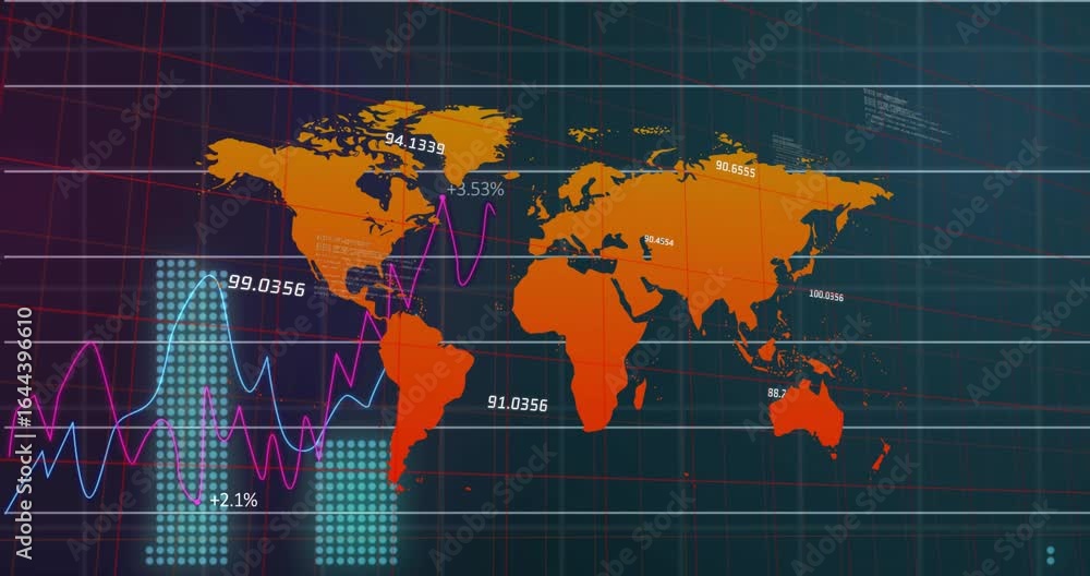Poster fading in orange world map, rotating grid, oscillating line graphs showing global trends