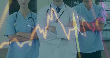 Animated waveform graph appearing over medical team while numeric values updating health analysis - Powered by Adobe