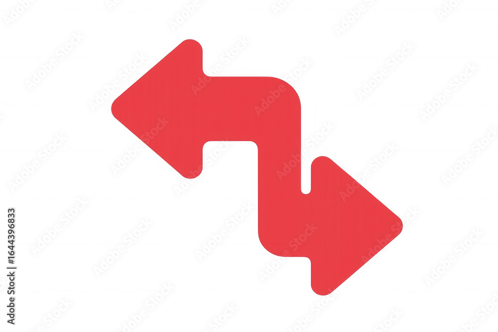 Poster red double arrow symbol winding and pointing left on a transparent background, ideal for indicating 