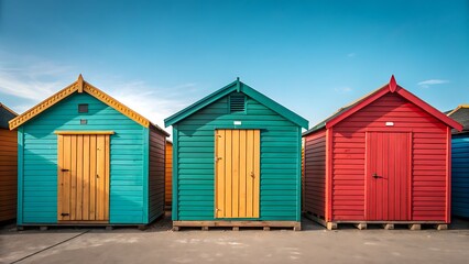 Naklejka premium Beach huts under bright blue sky suitable for travel brochures, beach event posters, or summer vacation websites to add charm.
