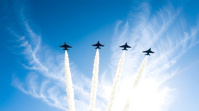 Four fighter jets perform an aerial ballet, leaving white smoke trails against a vibrant blue sky with wispy clouds, showcasing precision and power.