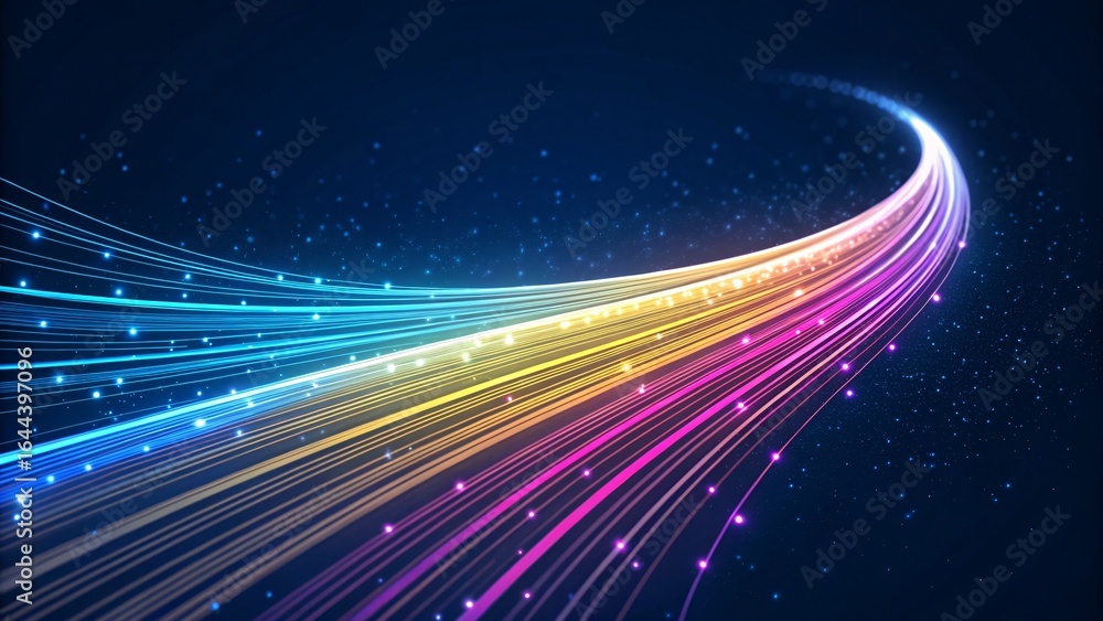 Poster dynamic, vibrant abstract lines with rainbow colors and glowing particles create modern technology b