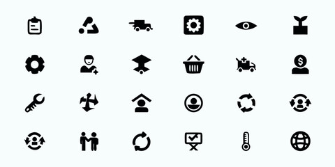 Product Lifecycle & Management Line Art Vector Icons &mdash; Design, Manufacturing, Usage, Recycling, Disposal, and Lifecycle Assessment Symbols

