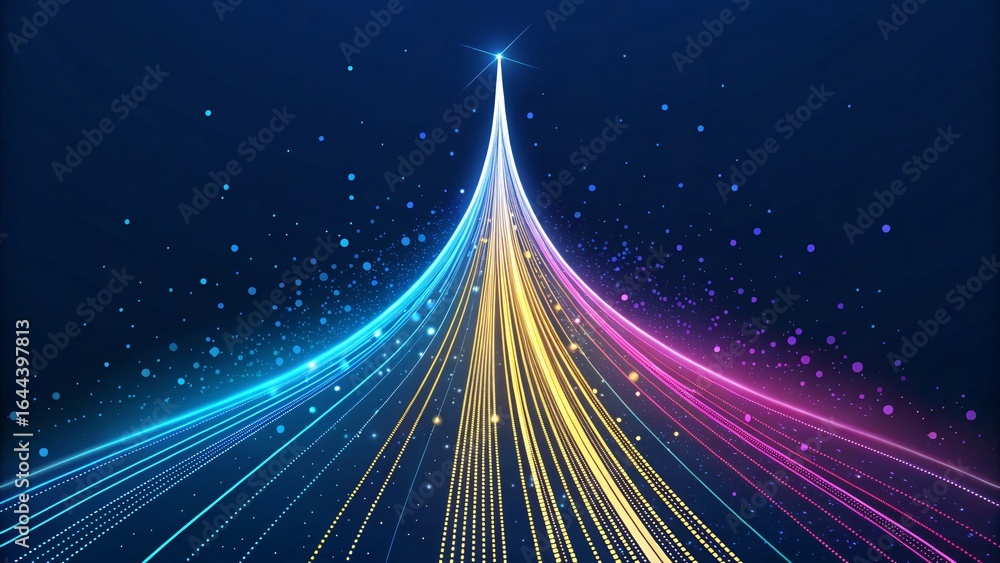Poster dynamic digital transformation concept with vibrant glowing lines merging towards a central star, pe