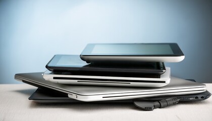 pile of old used laptop computers and digital tablet for recycling on white table planned obsolescence e waste electronic waste for reuse and recycle concept