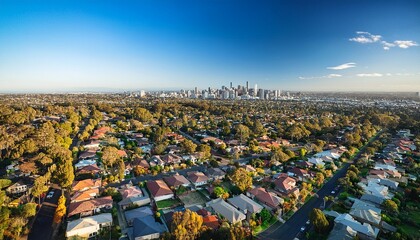 Obraz premium birds eye view showcasing residential neighborhoods in brunswick melbourne with city skyline in the distance birds eye view over the brunswick area of melbourne city australia