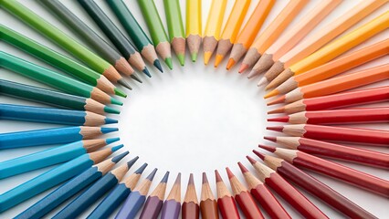 Many colored pencils in a rainbow circle on white ideal for school supplies, art projects, creativity concepts, and artistic backgrounds.