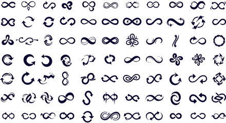 Diverse hand-drawn dark blue infinity and arrow symbols set, featuring various styles and continuous loops