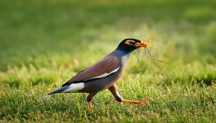Fototapeta premium javan myna starling carrying small objects in its beak while perching on grassy ground
