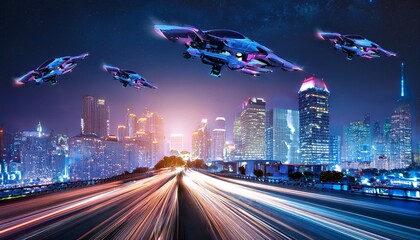 panoramic view of futuristic city skyline at night with neon lights flying vehicles and cyberpunk atmosphere