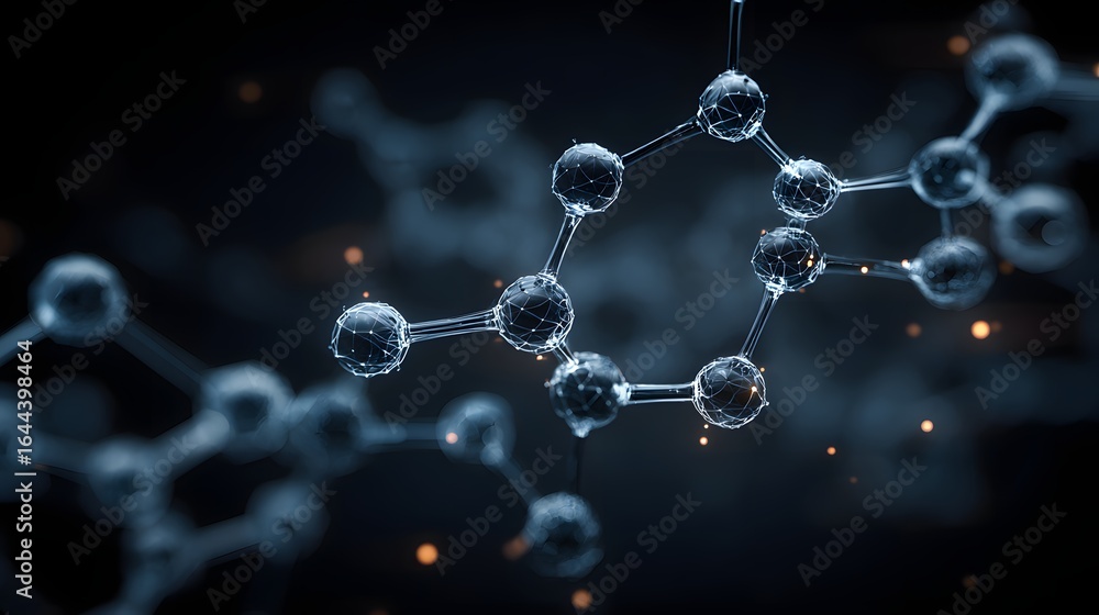 Poster molecular structure of a complex compound in a dark backdrop.