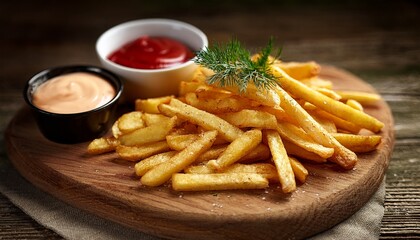 crispy french fries with ketchup and dill on rustic wooden board