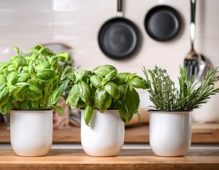 fresh basil rosemary and mint in white pots on wooden kitchen counter