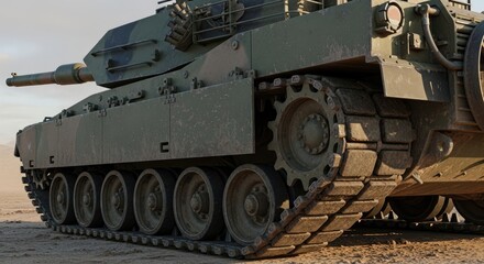 Detailed Close-up of a Modern Main Battle Tank's Gritty Tracks and Armored Hull in Desert