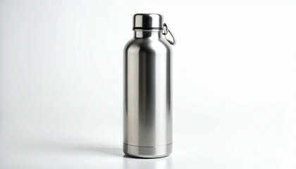 Sleek stainless steel water bottle with carrying loop, isolated on white background.