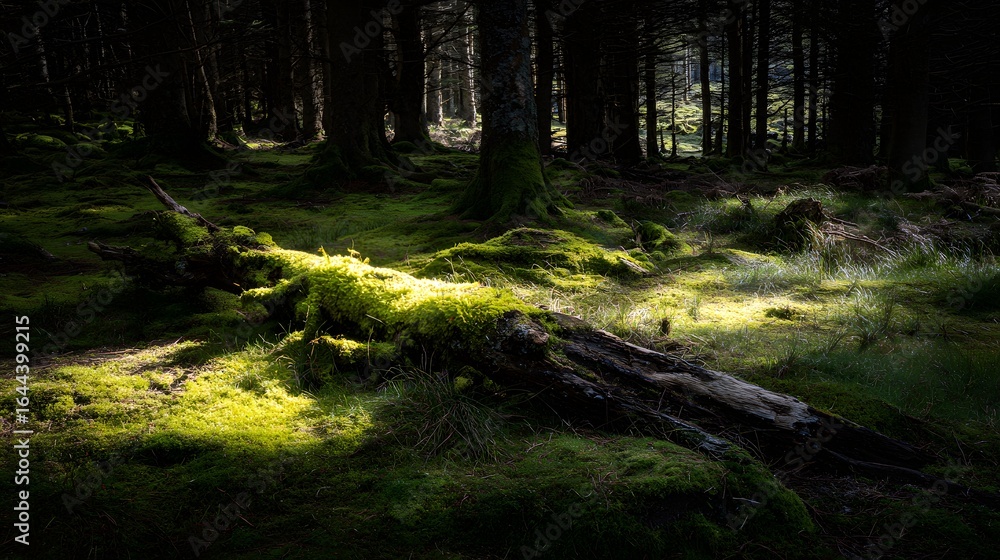 Poster sunlight filtering through a forest floor covered in moss and fallen logs.