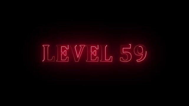 Level text font with neon light. Level 59 neon sign.color letters spelling out level Up appear .Glowing neon color LEVEL- 8 text animation icon sign symbol on black background.