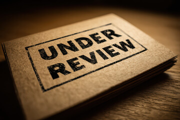 A stack of brown paper with the words under review stamped in black ink on a wooden surface top view