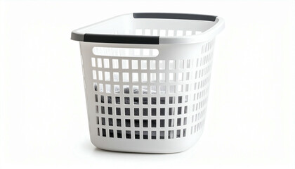 A white plastic laundry basket with black handles sits on a white background, casting a soft shadow.