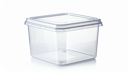 Clear square plastic container with a tight-fitting lid, isolated on a white background.